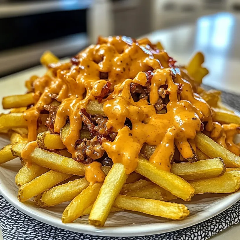 A plate of fries covered in cheese.