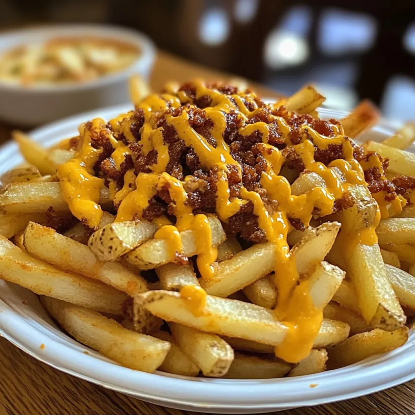 A plate of fries with cheese and bacon on top.