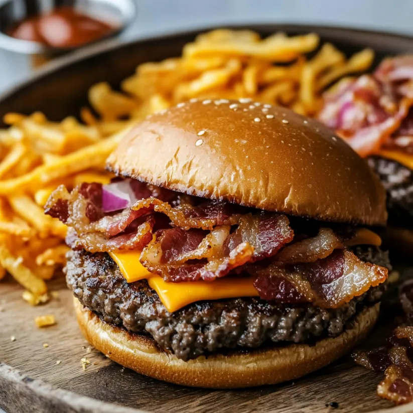 A close up of a burger with bacon and cheese.
