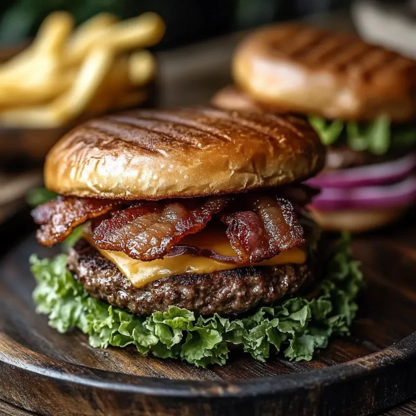 A close up of a burger with bacon on top.