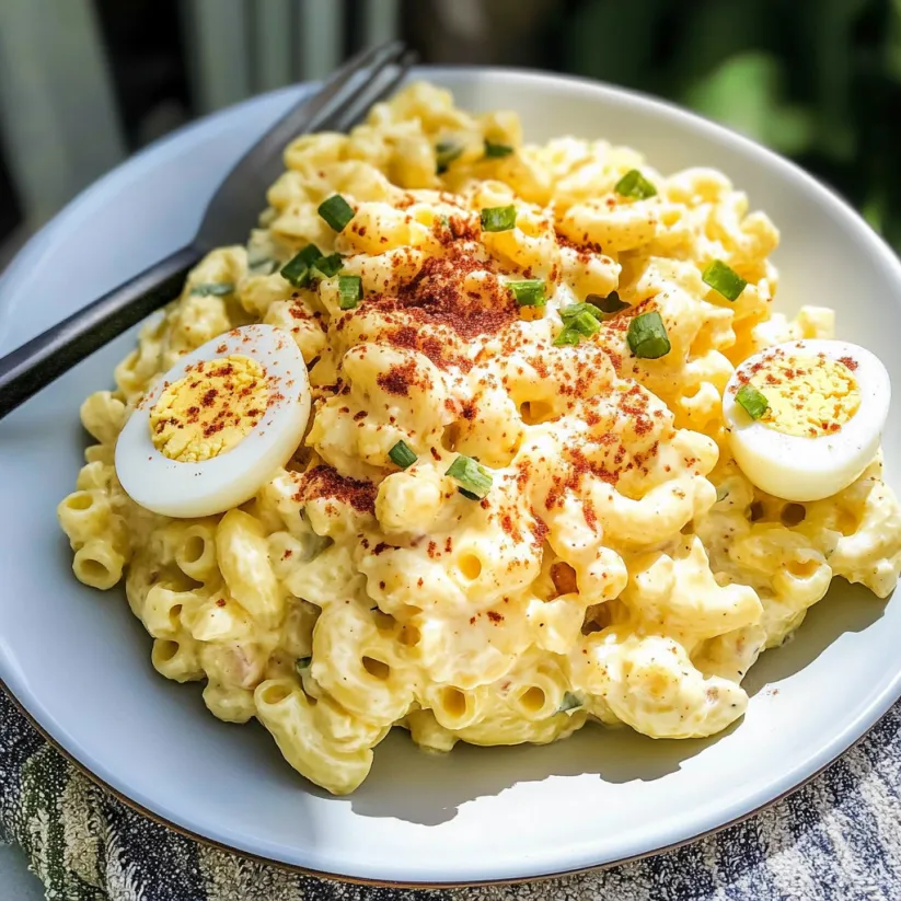 A plate of macaroni salad with eggs on top.