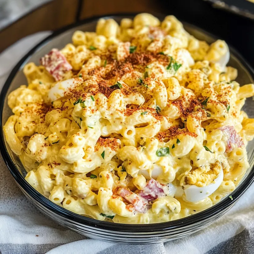 A bowl of macaroni salad with a sprinkle of paprika.