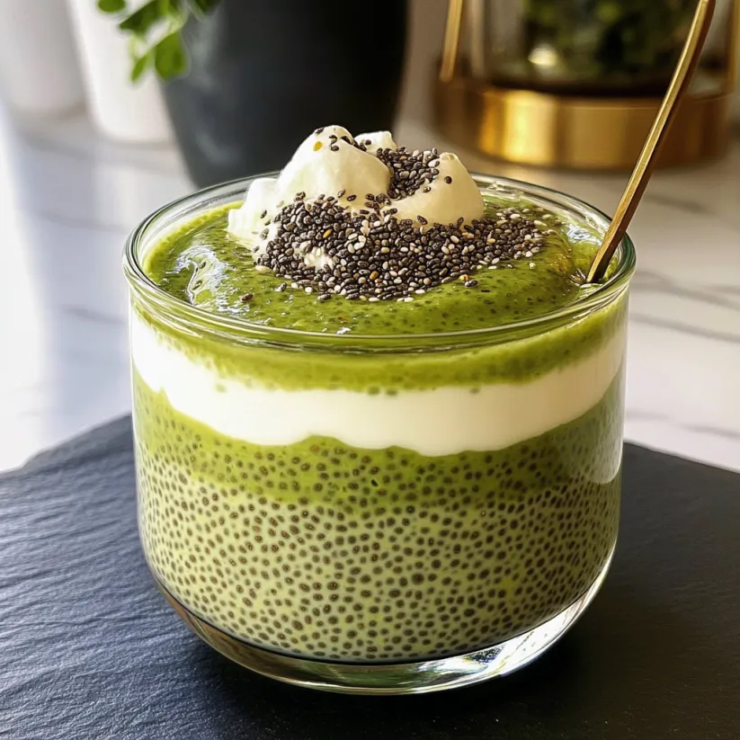 A glass of green chia pudding with a spoon in it.