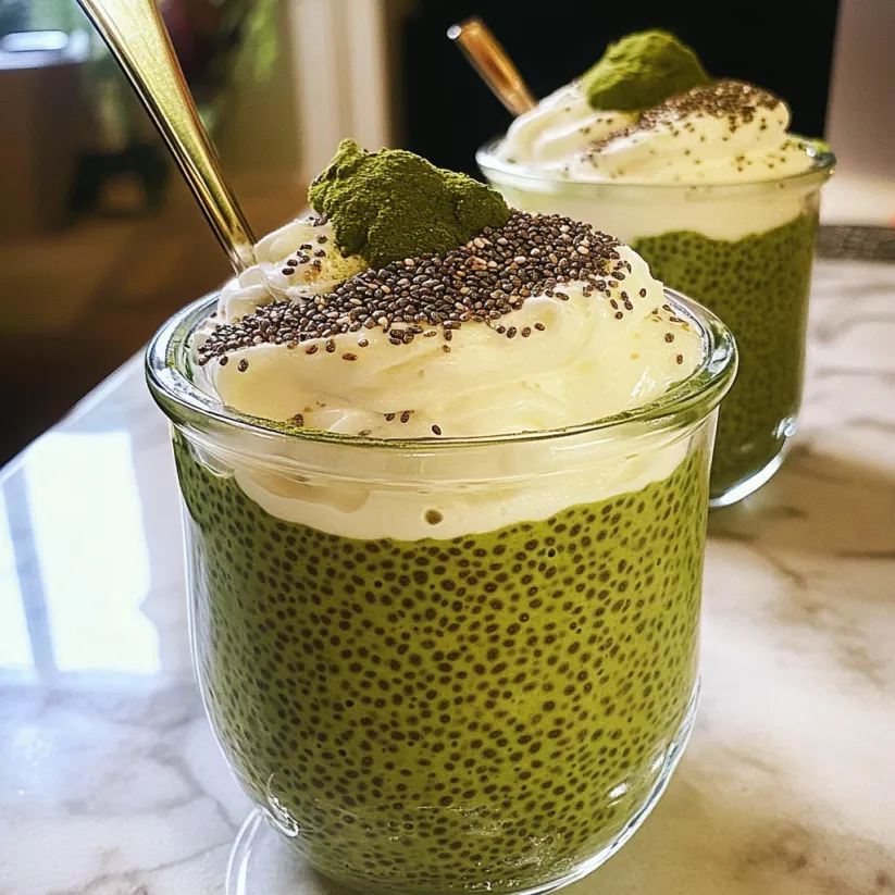 Two glasses of green chia pudding with sprinkles.