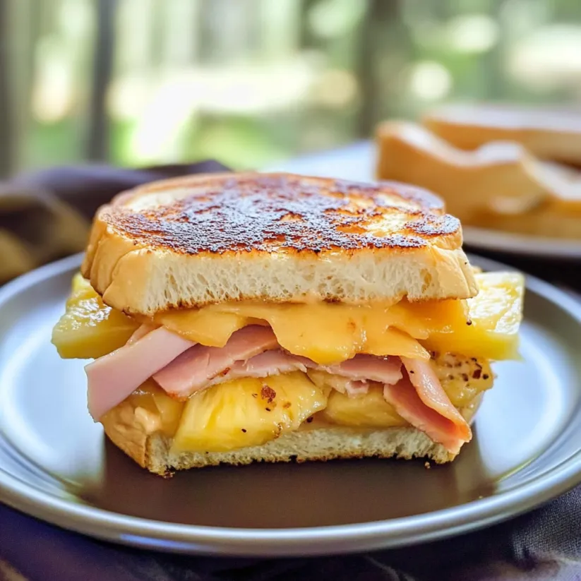 A cheesy ham and pineapple sandwich on a plate.