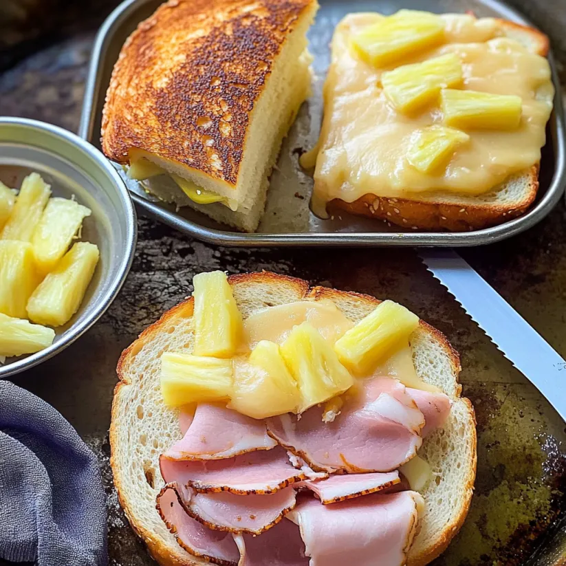 A cheesy ham and pineapple sandwich.