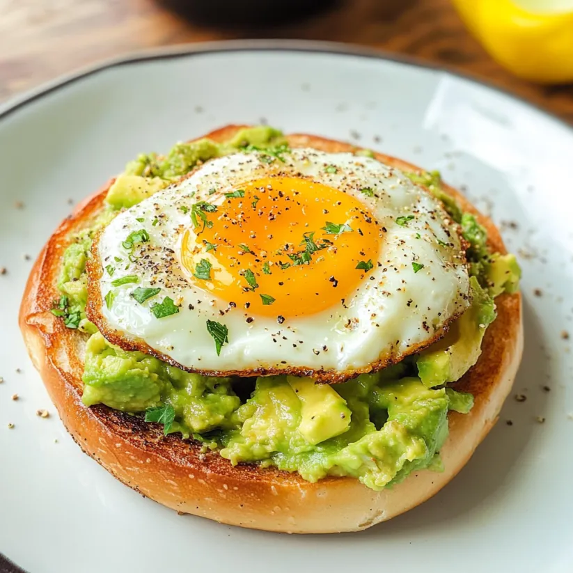 A bagel with an egg in the middle and smashed avocado on top.