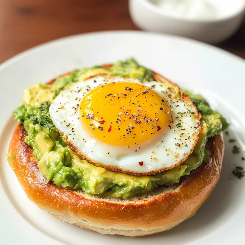 A bagel with an egg in the middle and smashed avocado on top.