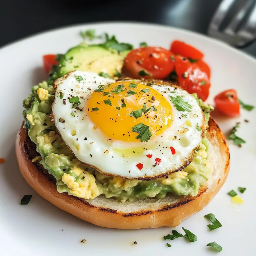 A bagel with an egg in the middle and smashed avocado on top.
