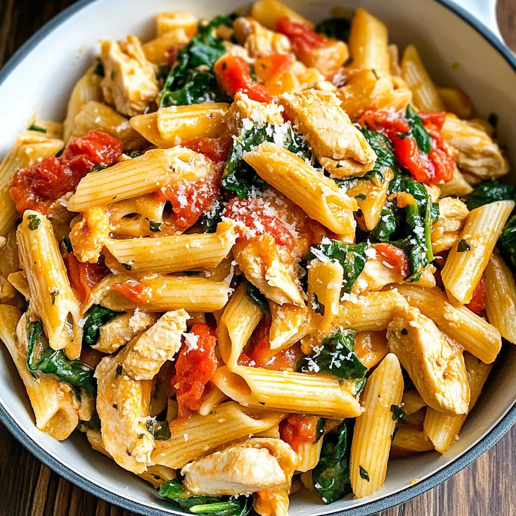 A bowl of pasta with chicken and spinach.