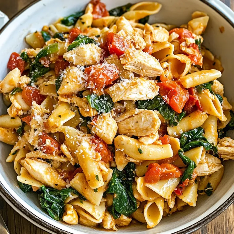 A bowl of pasta with tomatoes and spinach.