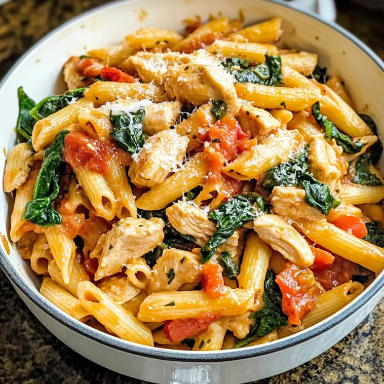 A bowl of pasta with chicken and spinach.