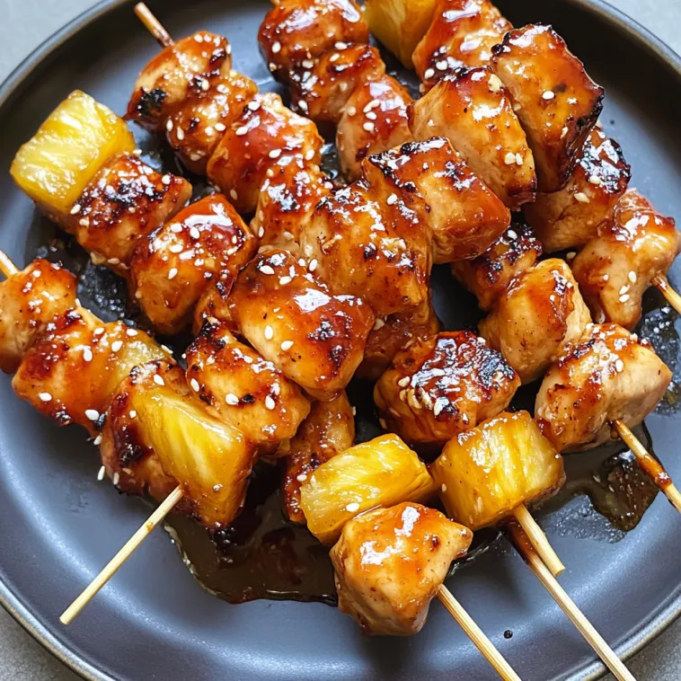 A plate of BBQ pineapple chicken kabobs.