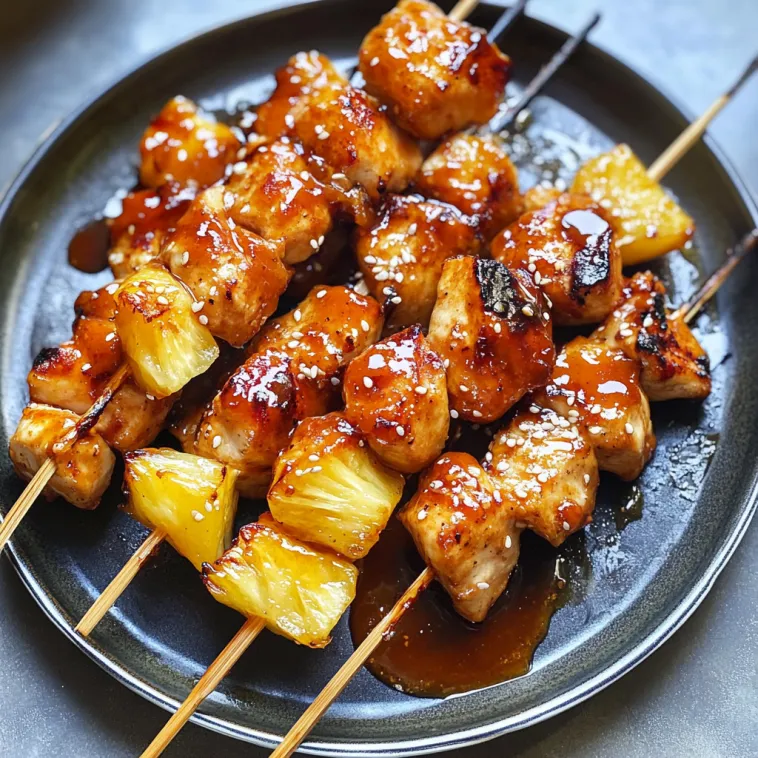 A plate of BBQ pineapple chicken kabobs.