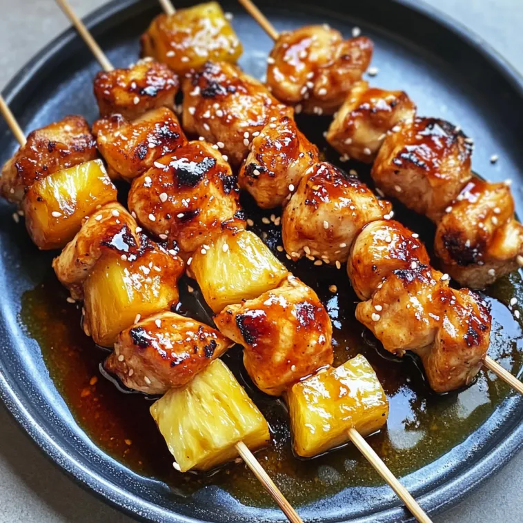 A plate of BBQ pineapple chicken kabobs.