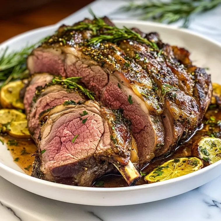 A marinated leg of lamb on a plate.