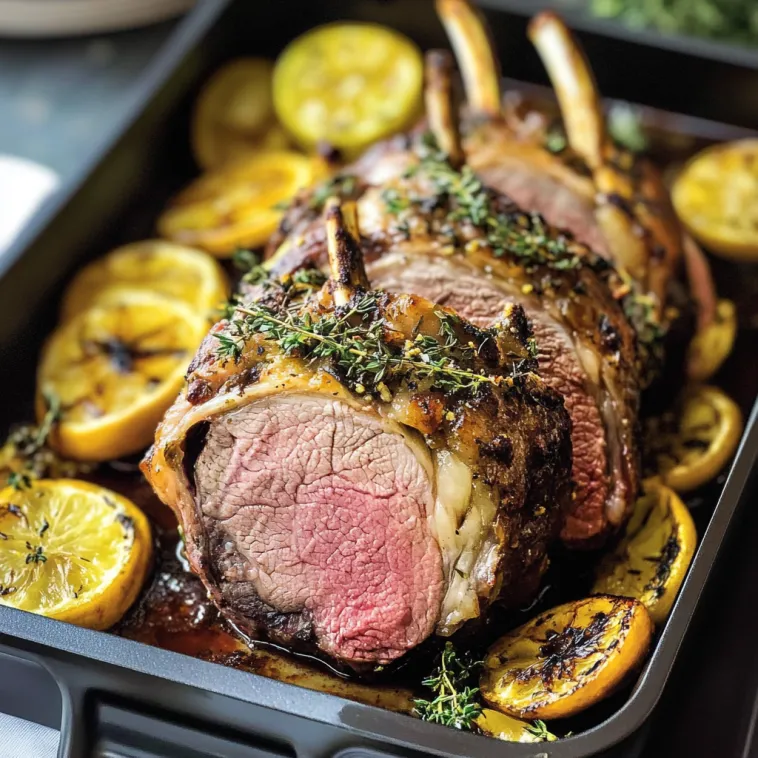 A leg of lamb is marinated in Italian seasonings and cooked in a pan.