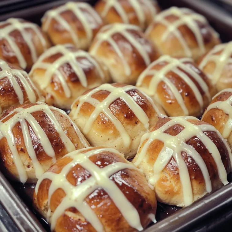 A tray of hot cross buns.