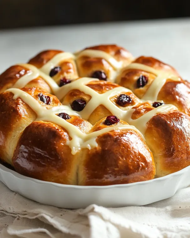 A white plate with a hot cross bun on it.