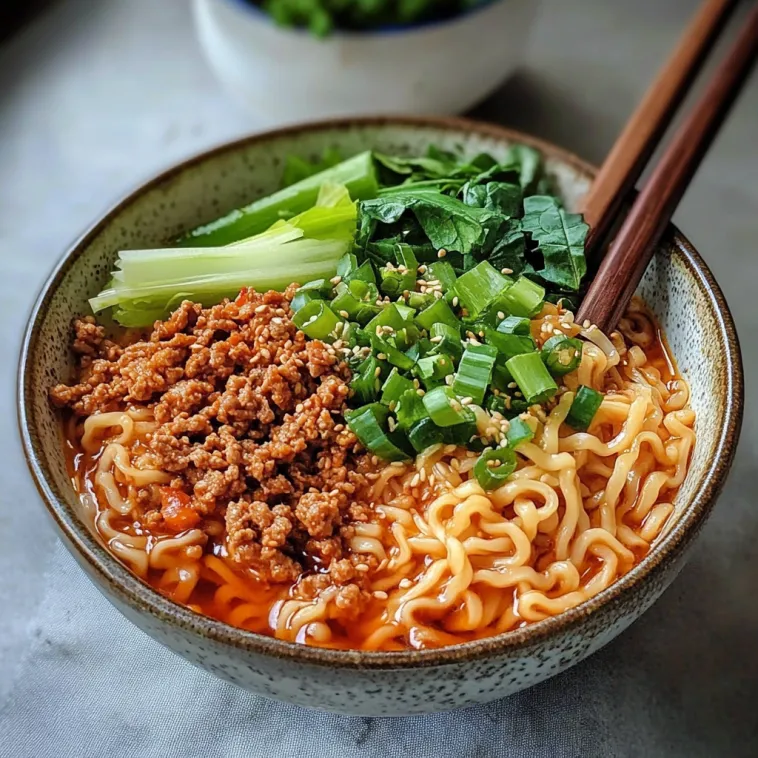 A bowl of noodles with vegetables and meat.