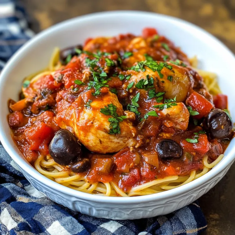 A bowl of chicken cacciatore with tomatoes, olives, and spaghetti.