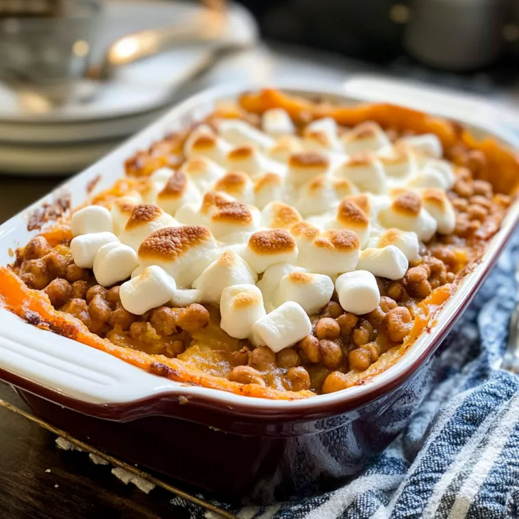 A dish of sweet potato casserole with marshmallows on top.