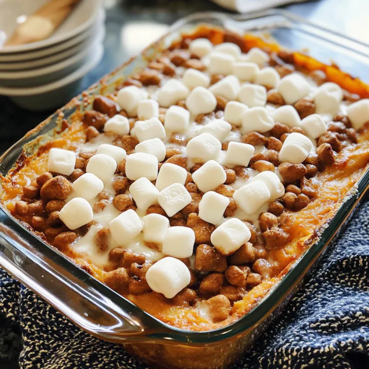 A dish of sweet potato casserole with marshmallows.