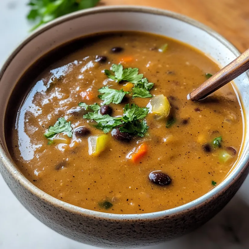 A bowl of soup with a spoon in it.
