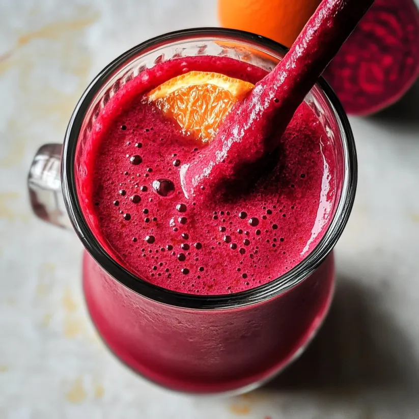 A glass of beet orange smoothie with a straw in it.