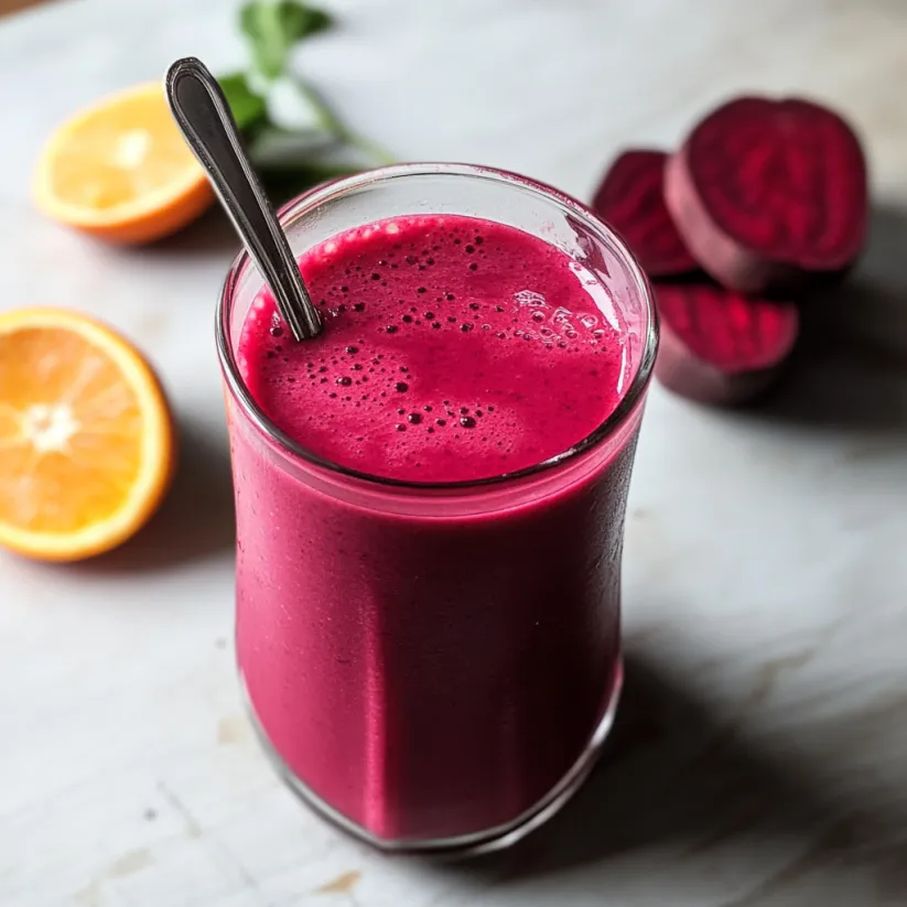 A glass of beet orange smoothie.