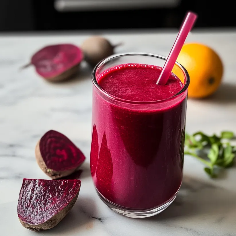 A glass of beet orange smoothie with a straw.