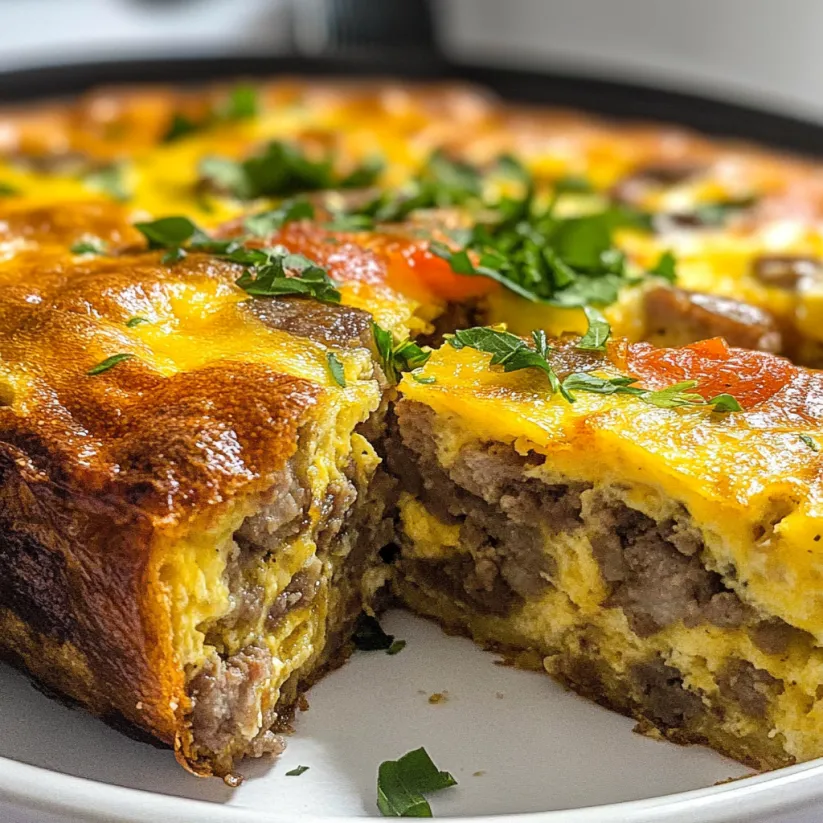 A slice of sausage frittata on a plate.