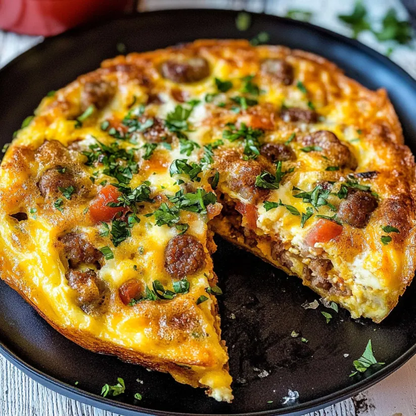A slice of sausage frittata on a plate.