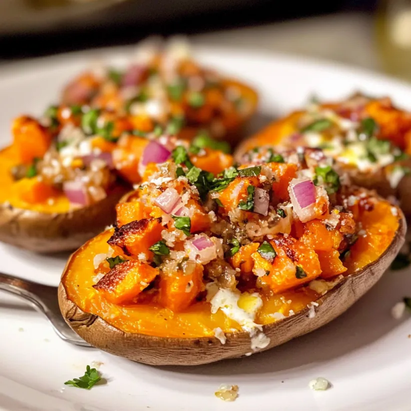 Baked sweet potatoes with chickpeas.