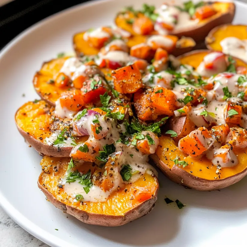 Baked sweet potatoes with chickpeas and sauce.