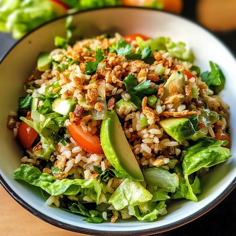 A bowl of crispy rice salad with tomatoes, lettuce, and avocado.