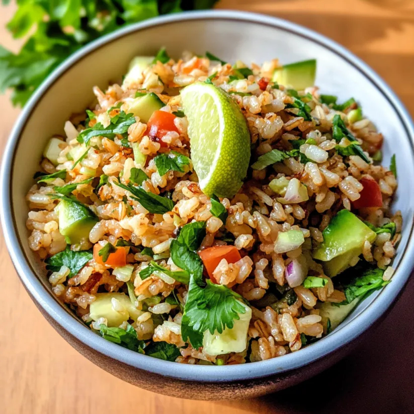 A bowl of rice salad with lime and cilantro.