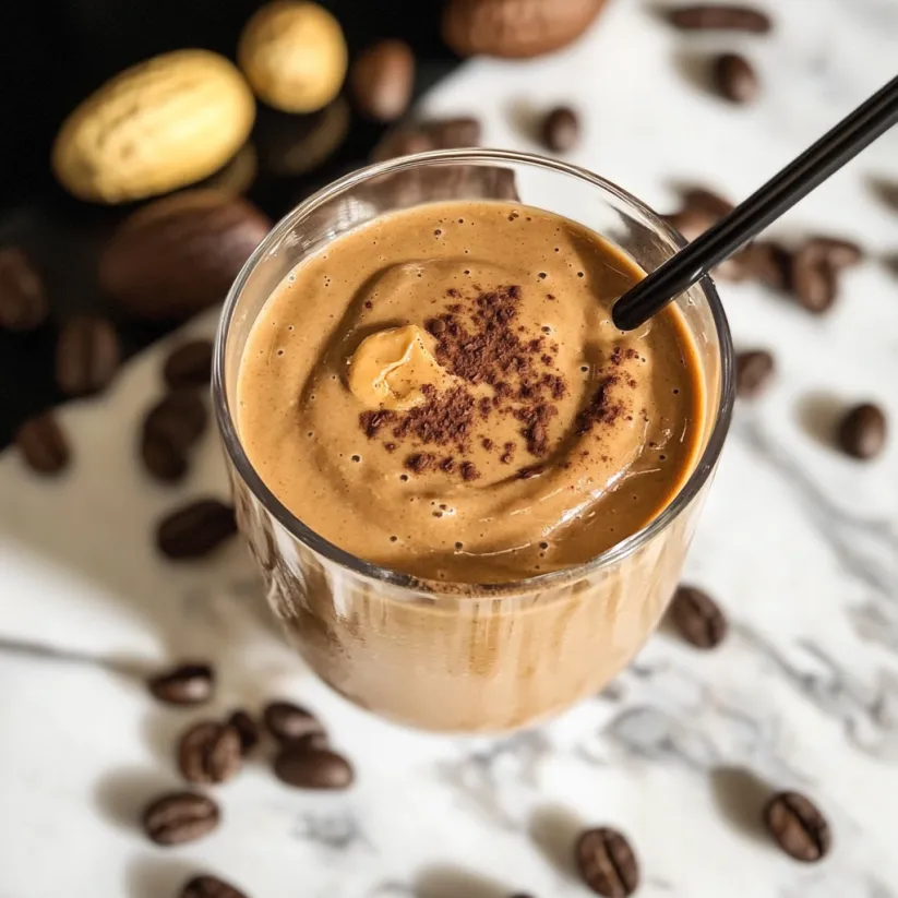A glass of peanut butter coffee smoothie.