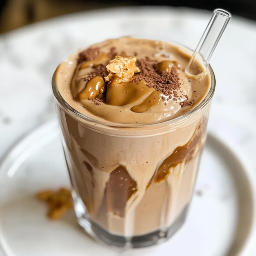 A glass of peanut butter coffee smoothie.
