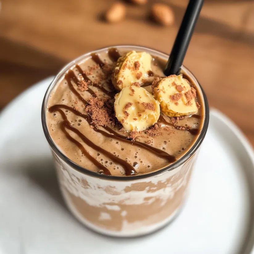 A glass of peanut butter coffee smoothie.