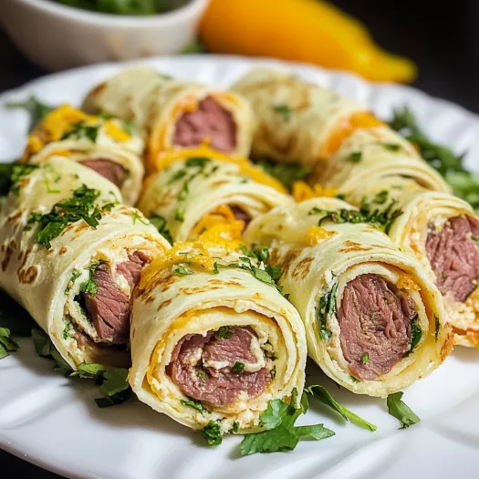 A plate featuring beef tortilla rollups, simple and tasty.