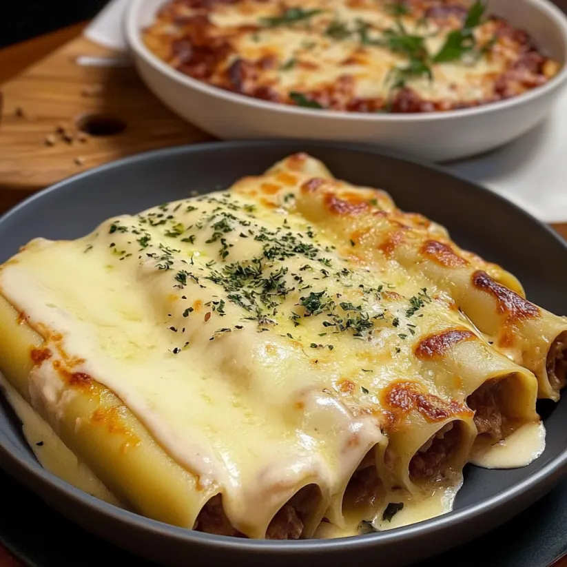 A plate of food with a cannelloni and a bowl of sauce.