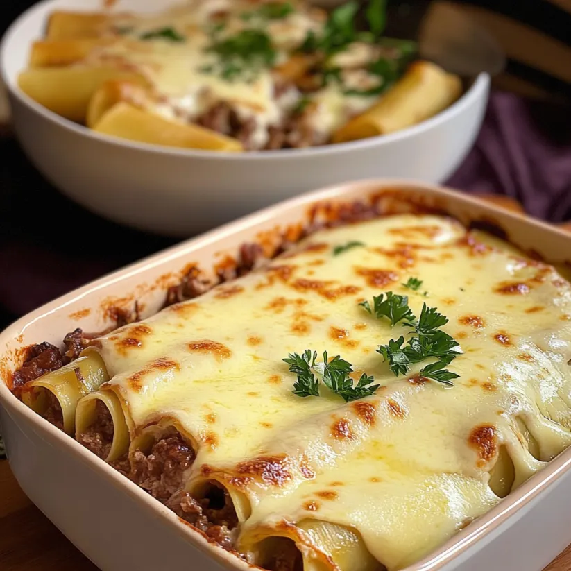 A dish of beef cannelloni with mozzarella cheese.