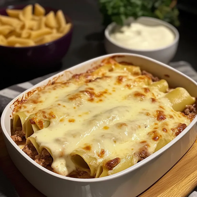 A dish of baked beef cannelloni with creamy mozzarella sauce.