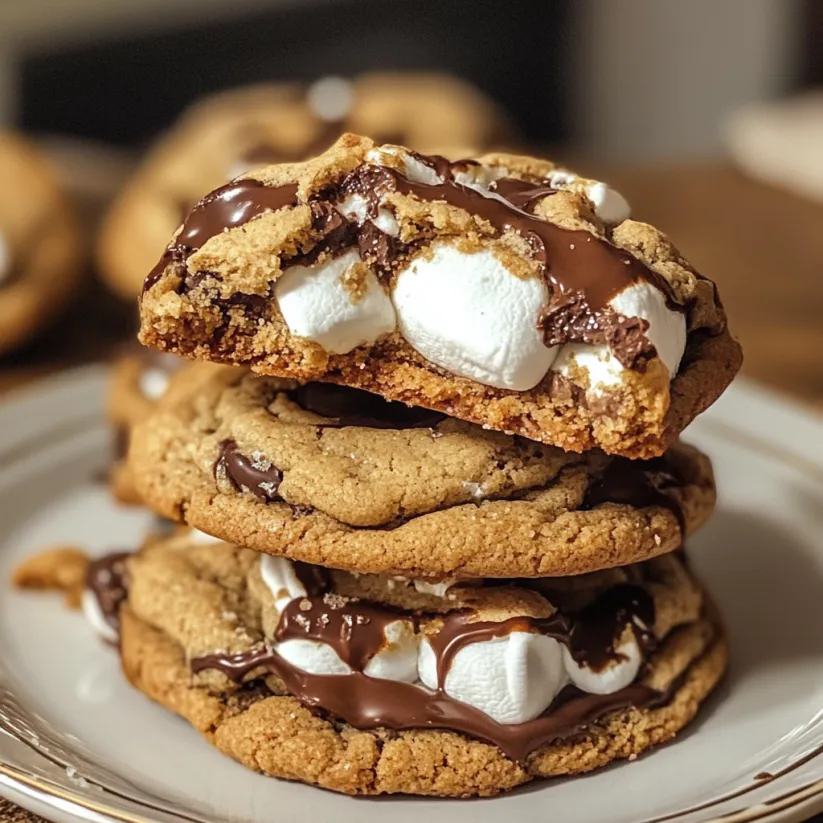 A stack of cookies with white marshmallows and chocolate drizzle.