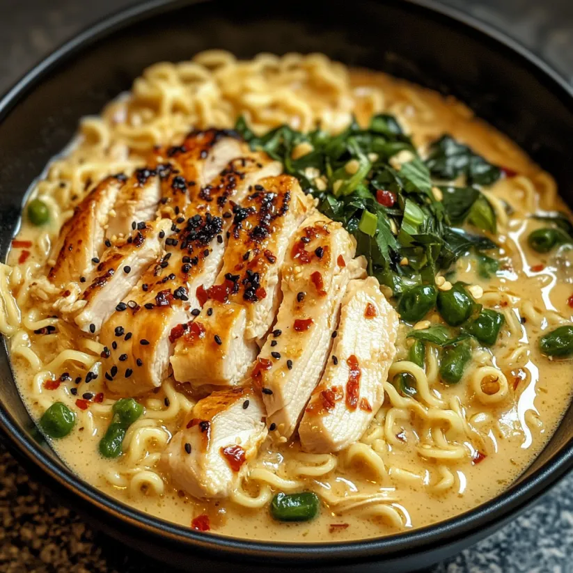 A bowl of noodles with chicken and vegetables.