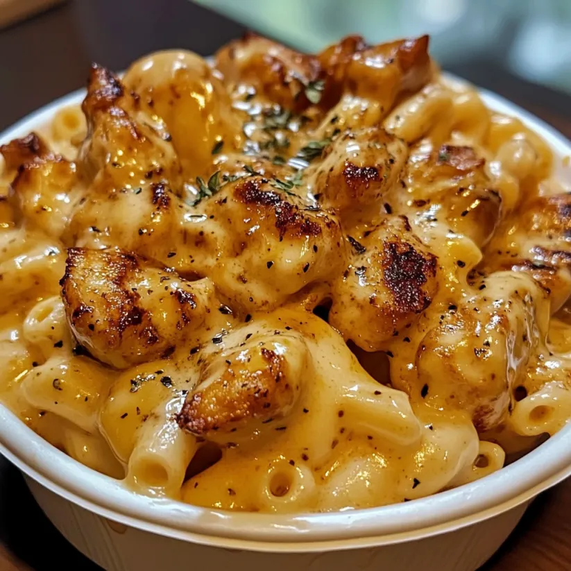 A bowl of creamy honey pepper chicken mac and cheese.