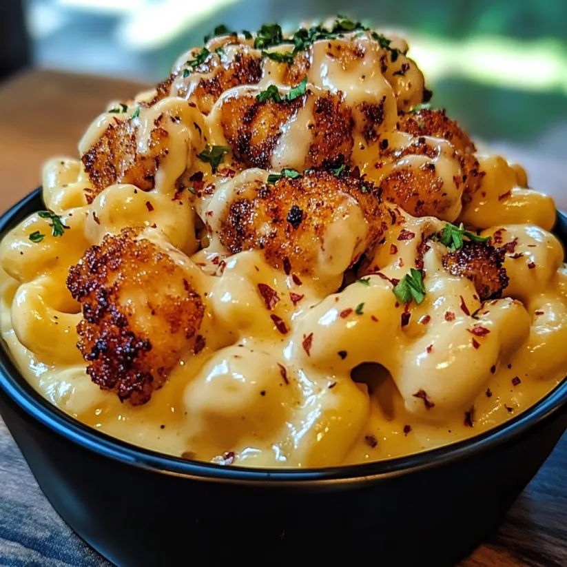 A bowl of creamy honey pepper chicken mac and cheese.