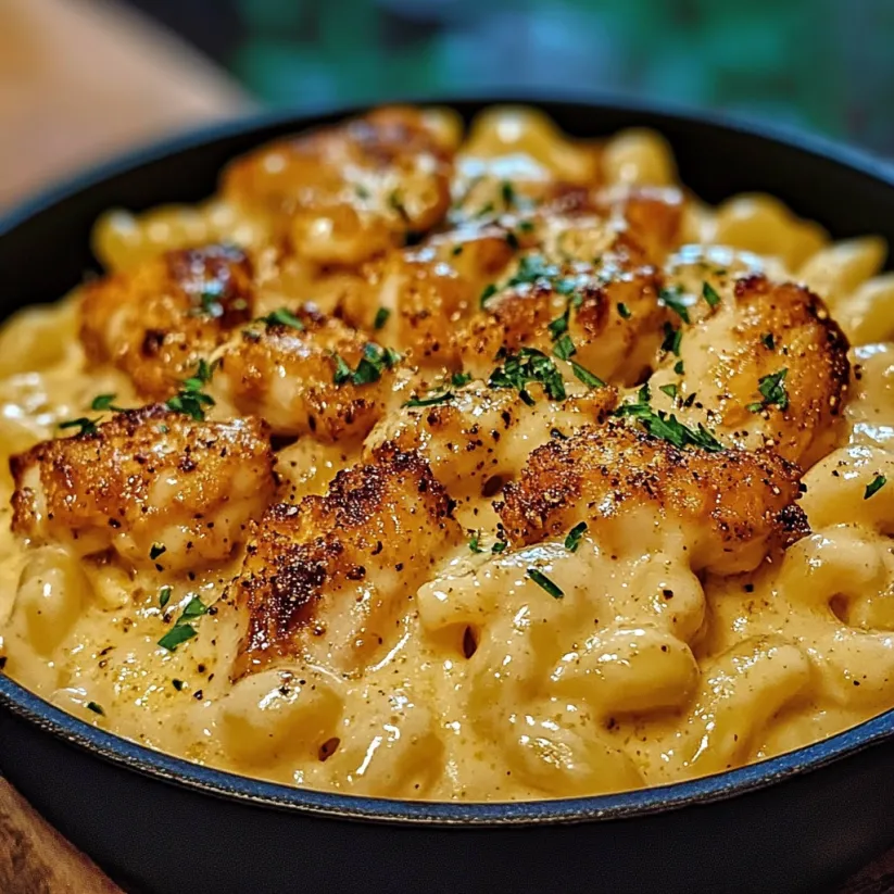 A delicious creamy honey pepper chicken mac and cheese delight.