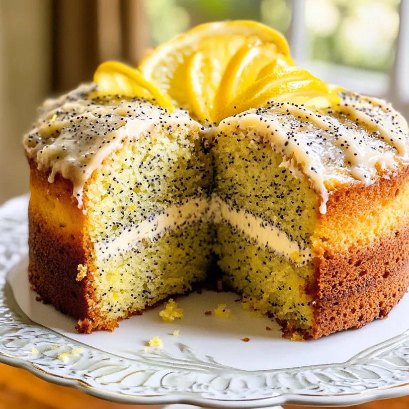 A slice of lemon poppy seed bundt cake.